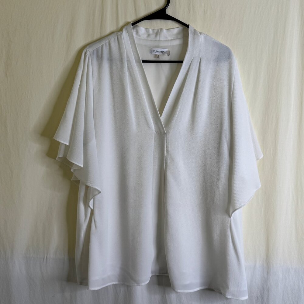 NWOT Women's Calvin Klein White Short-Sleeved Blouse Tiered Ruffle Sleeves Sz 1X
